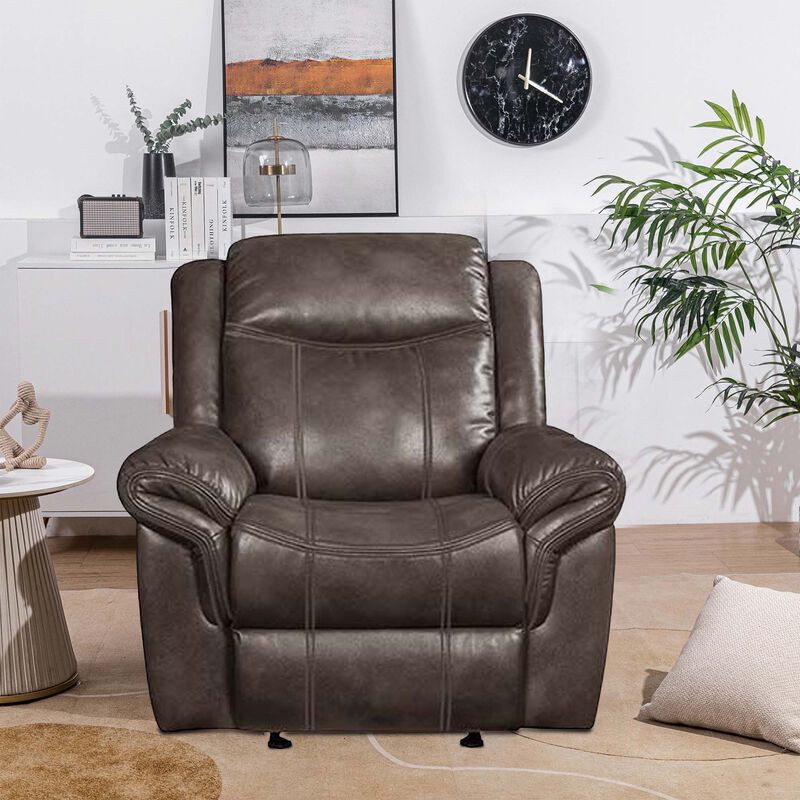 Glider Recliner with Leatherette Upholstery and Pillow Arms, Brown - Benzara