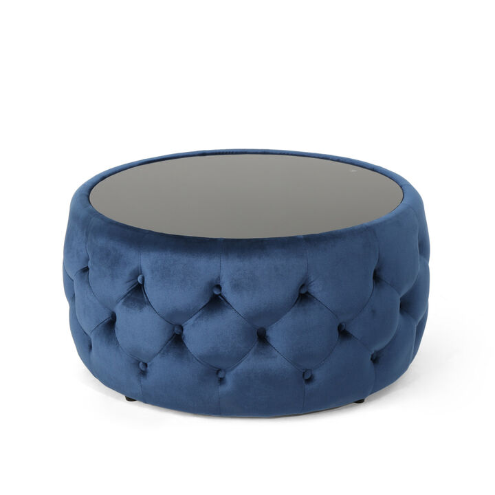 Streamdale Modern Glam Velvet Ottoman with Button-Tufted Stitch and Glass Top