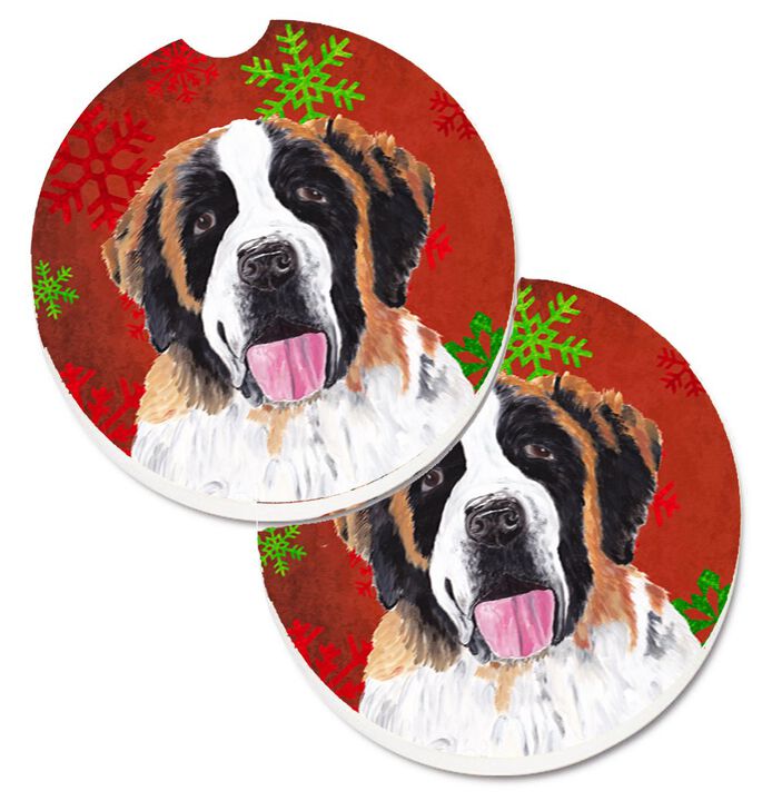 Caroline's Treasures Saint Bernard Red green Snowflake Christmas Set of 2 Cup Holder Car Coasters SC9422CARC, 2.56, Multicolor