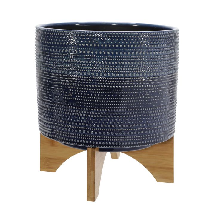 11 Inch Ceramic Dotted Planter with Wooden Base, Blue and Brown-Benzara