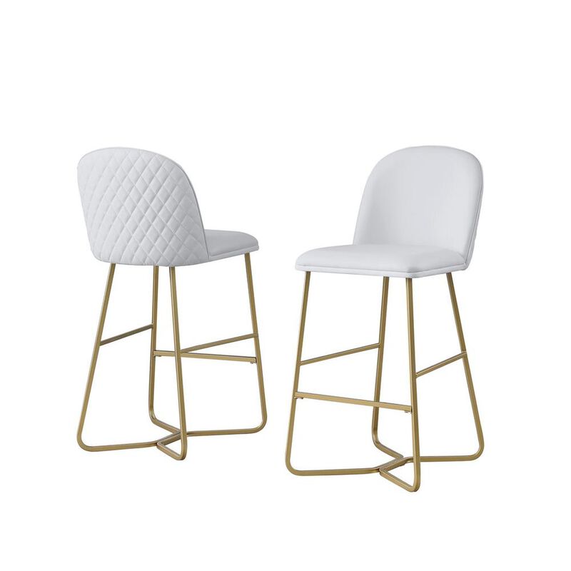 Best Quality Furniture 29 White faux leather barstool w/ gold color iron base (set of 2)