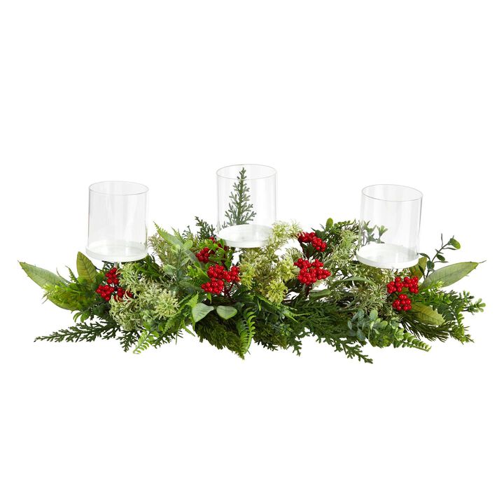 Nearly Natural 20-in Holiday Winter Greenery and Berries Triple Candle Holder Artificial Christmas Table Arrangement