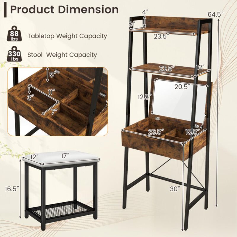 Hivvago Ladder Vanity Desk Set with Flip Top Mirror and Cushioned Stool