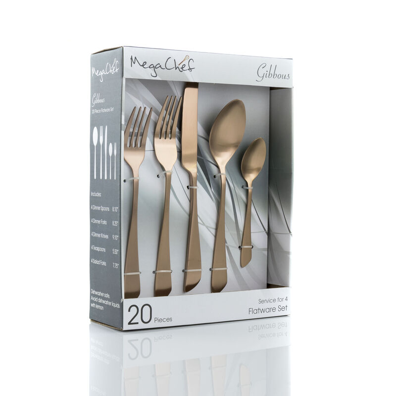 MegaChef Gibbous 20 Piece Flatware Utensil Set, Stainless Steel Silverware Metal Service for 4 in Rose Gold Matte