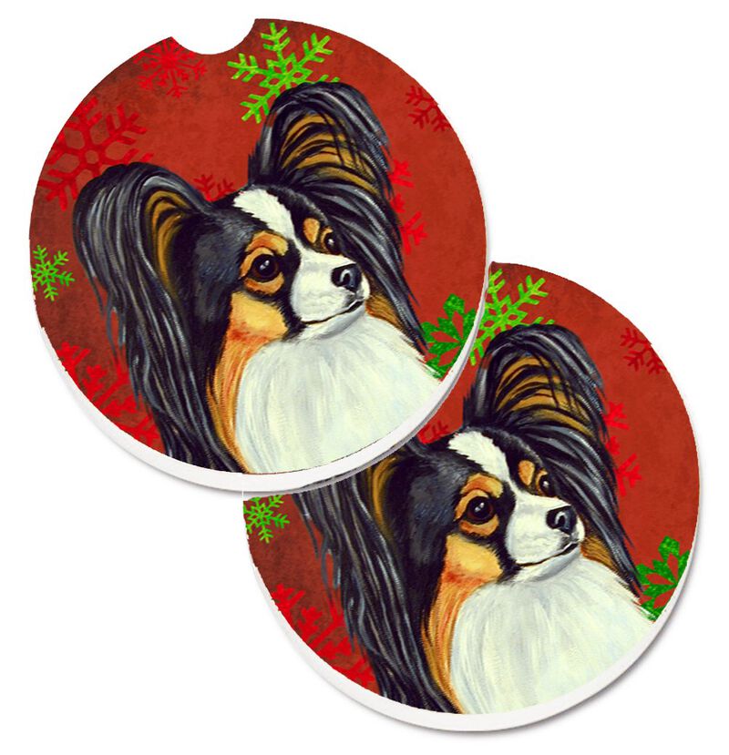 Caroline's Treasures Papillon Red & green Snowflakes Holiday Christmas Set of 2 Cup Holder Car Coasters LH9345CARC, 2.56, Multicolor image number 0