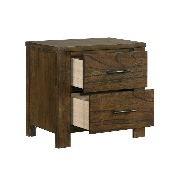 Suli Nightstand, 2 Drawers Metal Handles, Brown Mindy Veneer, 26 Inch - Benzara