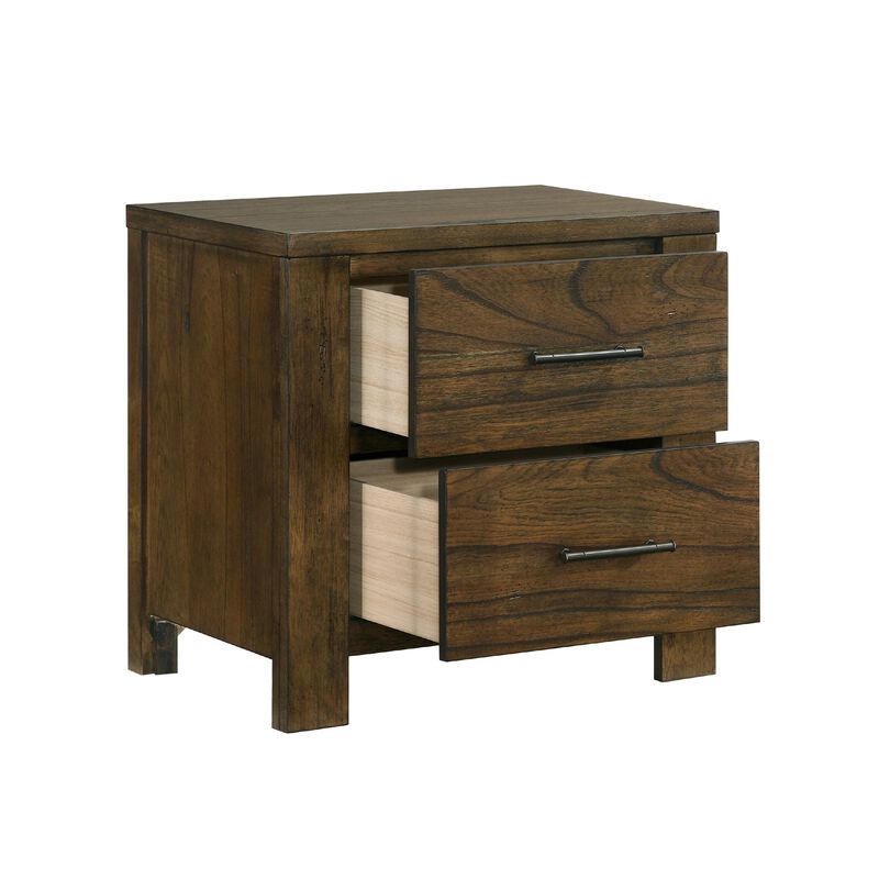 Suli Nightstand, 2 Drawers Metal Handles, Brown Mindy Veneer, 26 Inch - Benzara