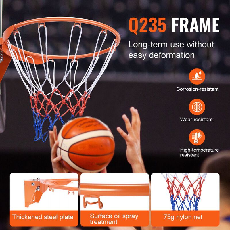 Standard Basketball Rim with Net, Wall Mounted Goal Replacement for Kids and Adults-Orange image number 5