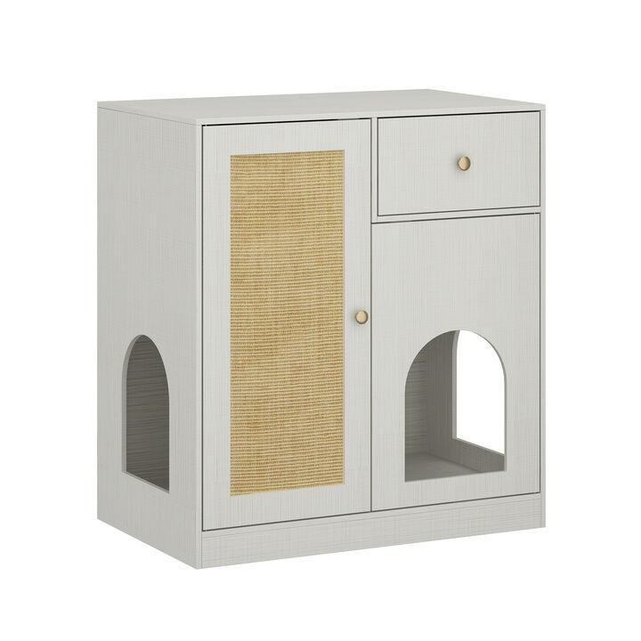 Litter Box Enclosure With Sisal Door And 3 Cat Holes, Indoor Wooden Hidden Cat Washroom Storage Cabinet with Drawers