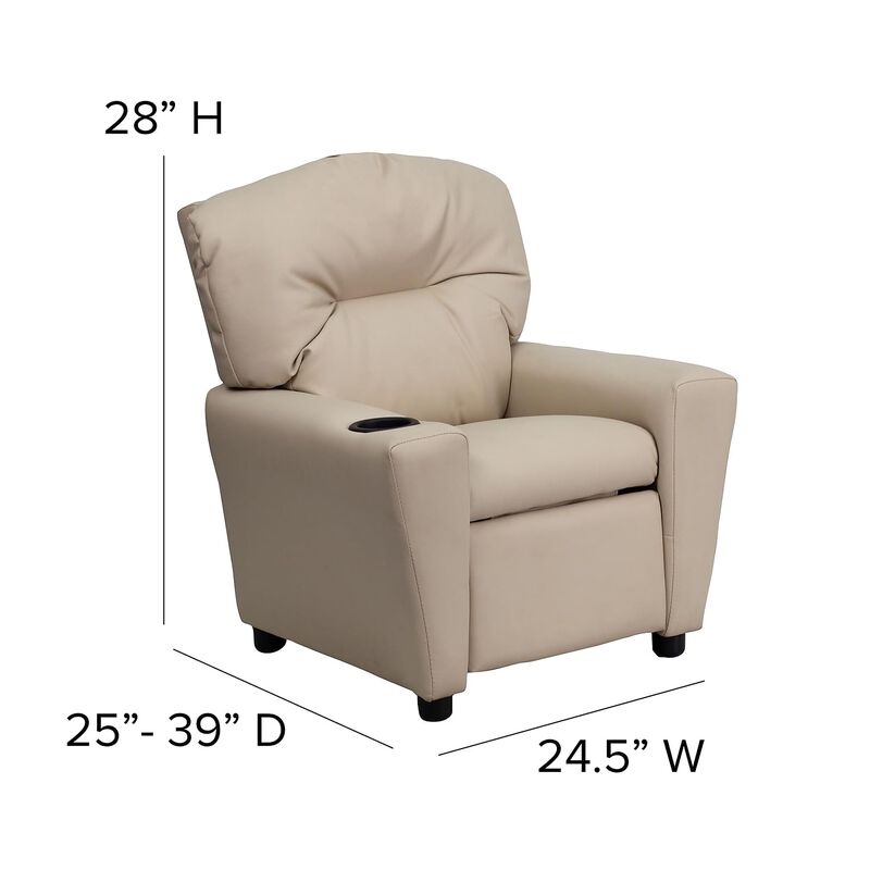 Flash Furniture Chandler Vinyl Kids Recliner with Cup Holder and Safety Recline, Contemporary Reclining Chair for Kids, Supports up to 90 lbs., Beige