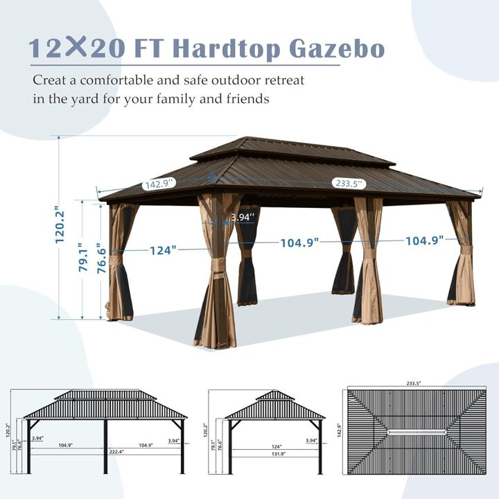 12' X 20' Hardtop Gazebo, Aluminum Metal Gazebo with Galvanized Steel Double Roof Canopy, Curtain and Netting, Permanent Gazebo Pavilion for Party, Wedding, Outdoor Dining, Brown