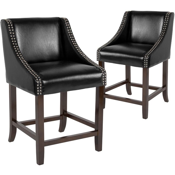 Flash Furniture Carmel Series 24" High Transitional Walnut Counter Height Stool with Nail Trim in Black LeatherSoft, Set of 2