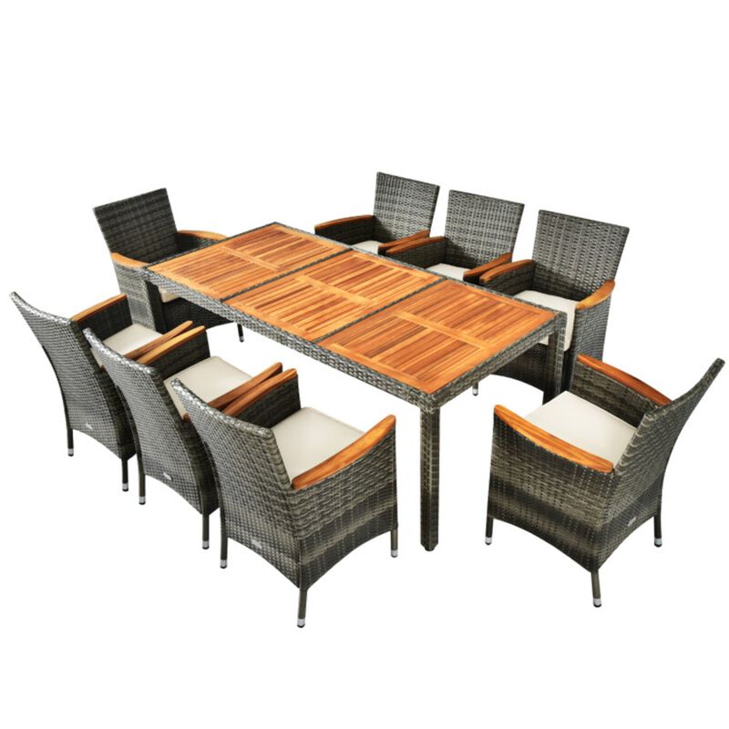 Mondawe 9-Pcs Outdoor Dining Set,PE Rattan Acacia Wood Table With Umbrella Hole & 8 Cushioned Chairs