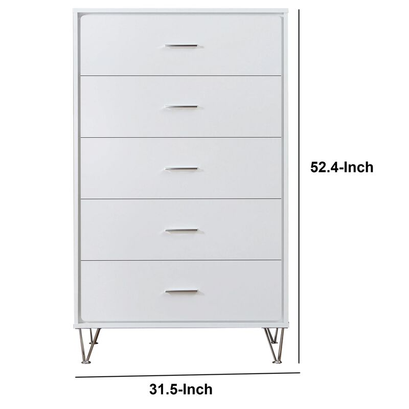 Contemporary Style Wooden Chest with Five Drawers, White-Benzara