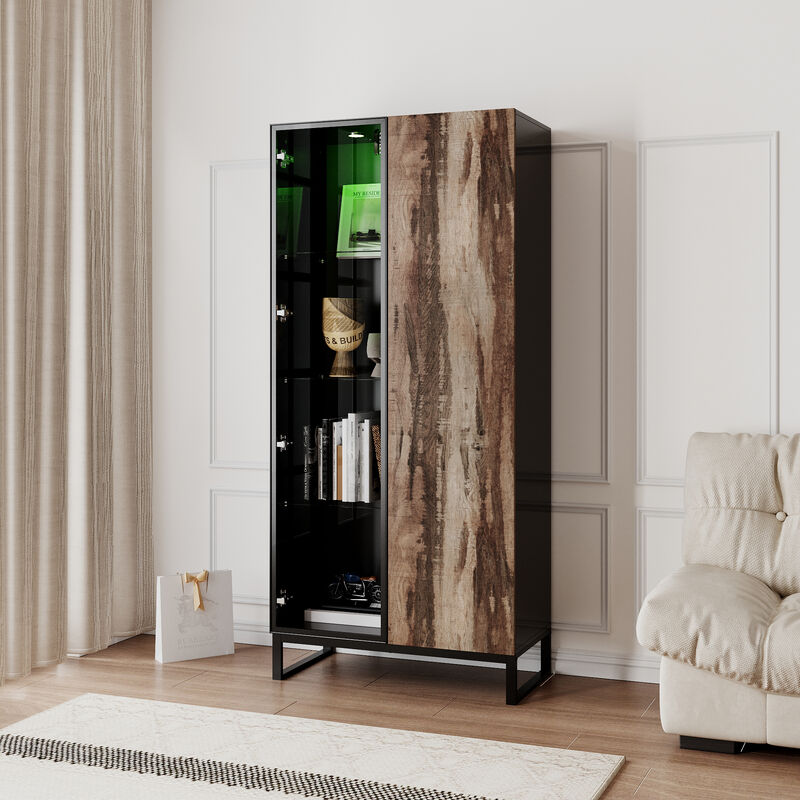 FUFU&GAGA Modern 2-Door Display Cabinet with Glass and Wood-Grain Front Metal Feet and Built-in Lighting 31.4"L x 16.1"W x 68.8"H Black