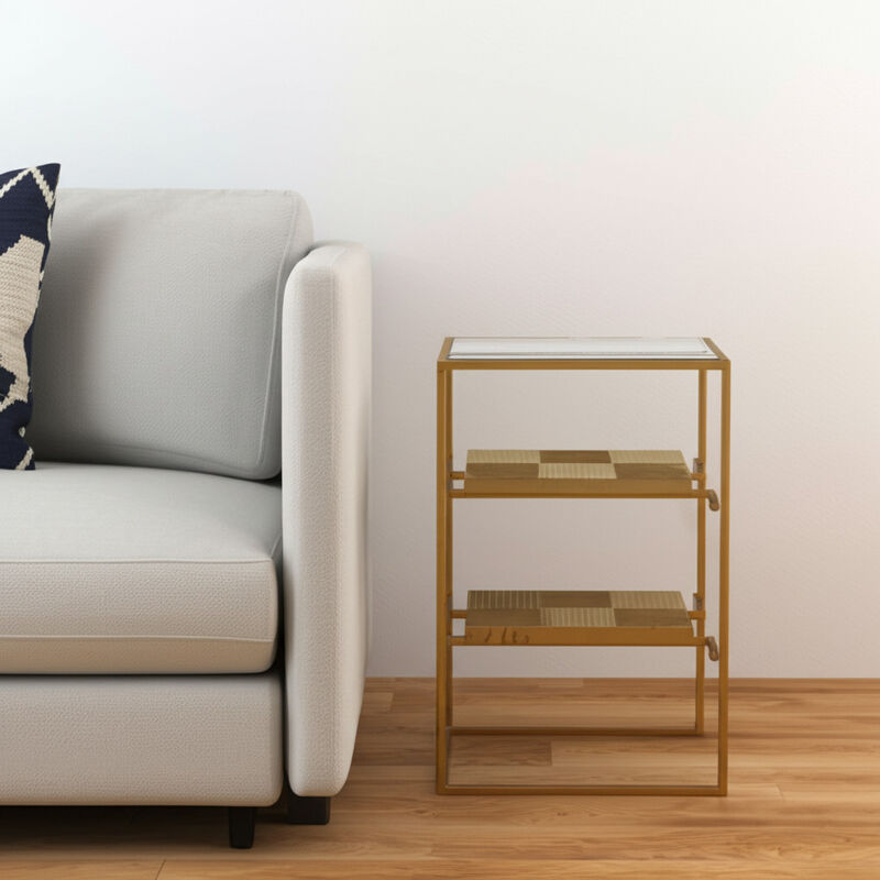 Hivvago 24 Inch  Brass Glass And Iron Rectangular End Table With Two Shelves