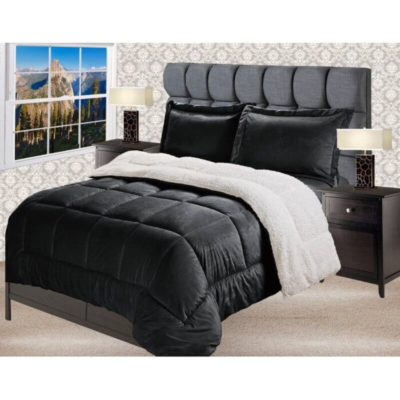Plush Sherpa Comforter Set in Black – Wrinkle Free 3-Piece Bedding Set with Shams