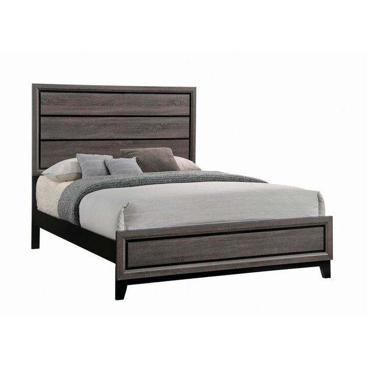 Transitional Queen Bed with Plank Panel Headboard and Low Footboard, Gray-Benzara