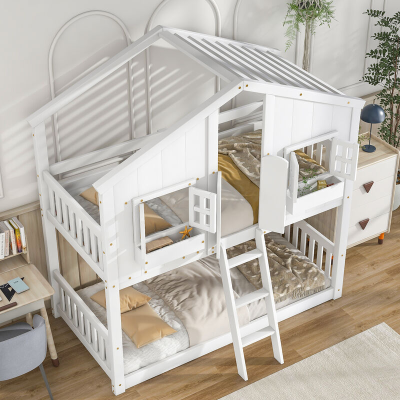 Whisen Twin over Twin House Bunk Bed with Roof, Window, Window Box, Door, with Safety Guardrails and Ladder - White