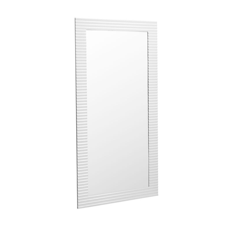 Cid Gino Accent Mirror, 79 Inch White Wood Frame, Modern Wavy Pattern - Benzara