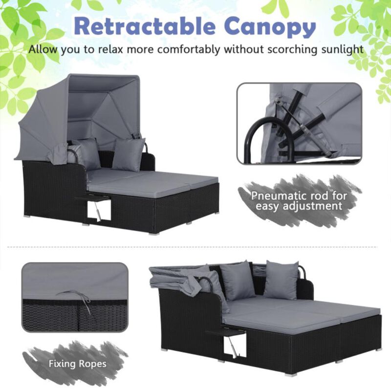 Patio Rattan Daybed with Retractable Canopy and Side Tables image number 3