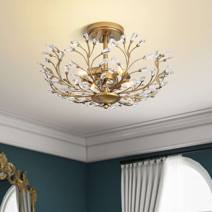 Fleur Brushed Brass 4-light Crystal Beaded 9-Branch Semi-Flush Mount