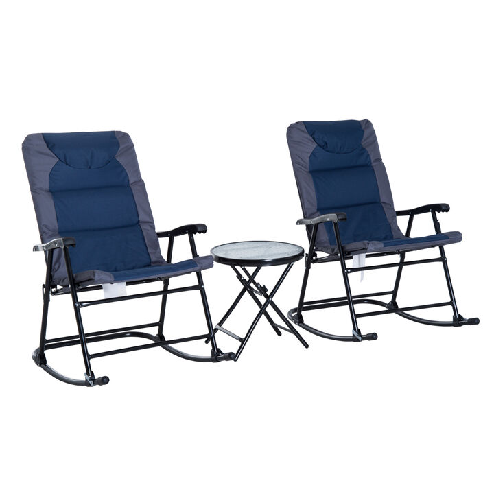 Outsunny 3 Piece Outdoor Patio Furniture Set with Glass Coffee Table & 2 Folding Padded Rocking Chairs, Bistro Style for Porch, Camping, Balcony, Navy Blue