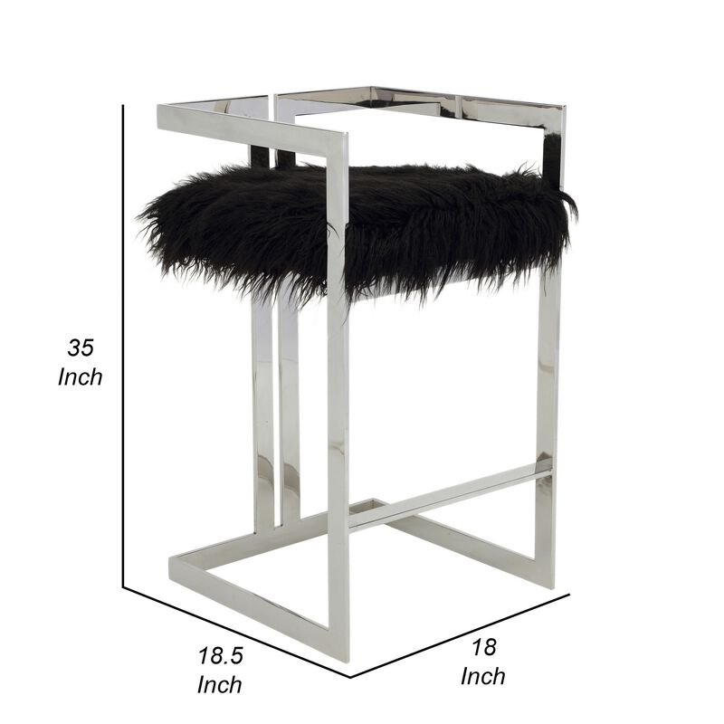 Suki 30 Inch Barstool Chair, Cushioned Black Faux Fur, Silver Cantilever - Benzara