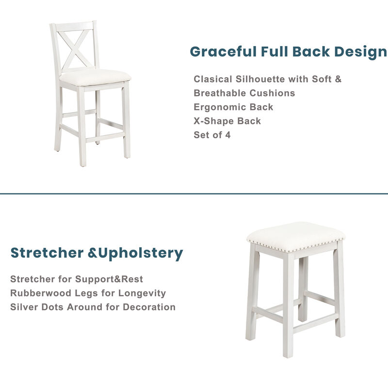 Whisen Farmhouse 5-Pieces Counter Height Dining Set with 2 Stools and 2 Chairs - White