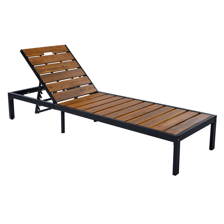 Merax Outdoor Chaise Lounge | 6-Position Adjustable Backrest, Steel Frame with Acacia Wood Slat Seat
