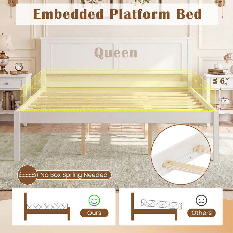 Farmhouse Wood Bed Frame with Headboard and Platform Design for Bedroom-White image number 6