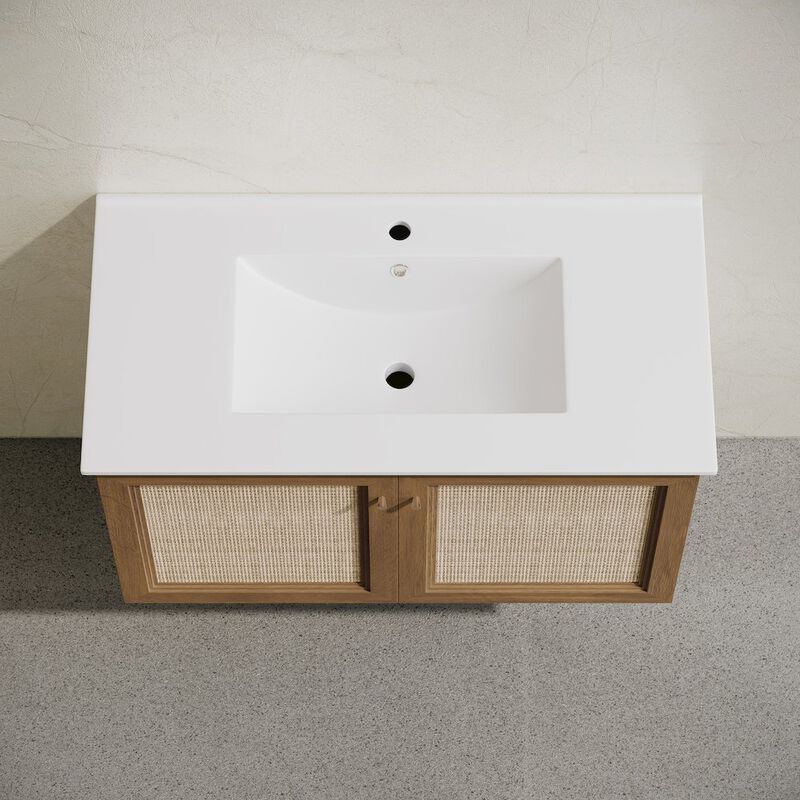 36" Wall-Mounted Bathroom Vanity in Brown Oak with Single Faucet Hole Vanity Top image number 3