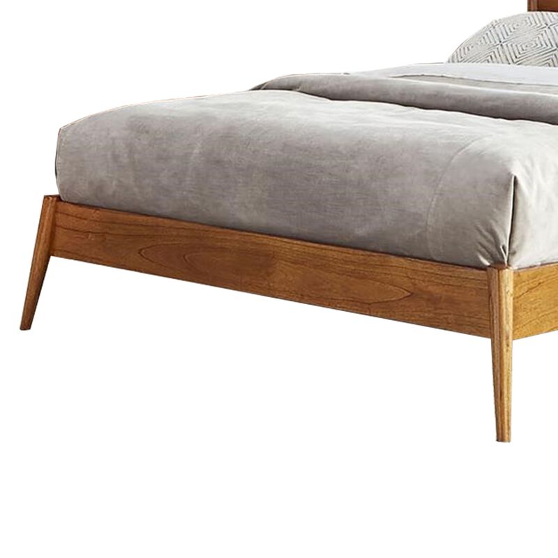Amy Queen Size Platform Bed, Low Profile Frame, Panel Headboard, Brown - Benzara