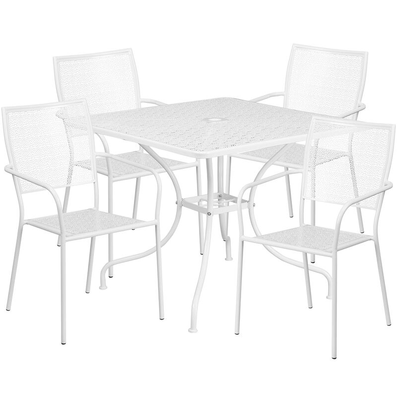 Flash Furniture Oia Commercial Grade 35.5" Square White Indoor-Outdoor Steel Patio Table Set with 4 Square Back Chairs