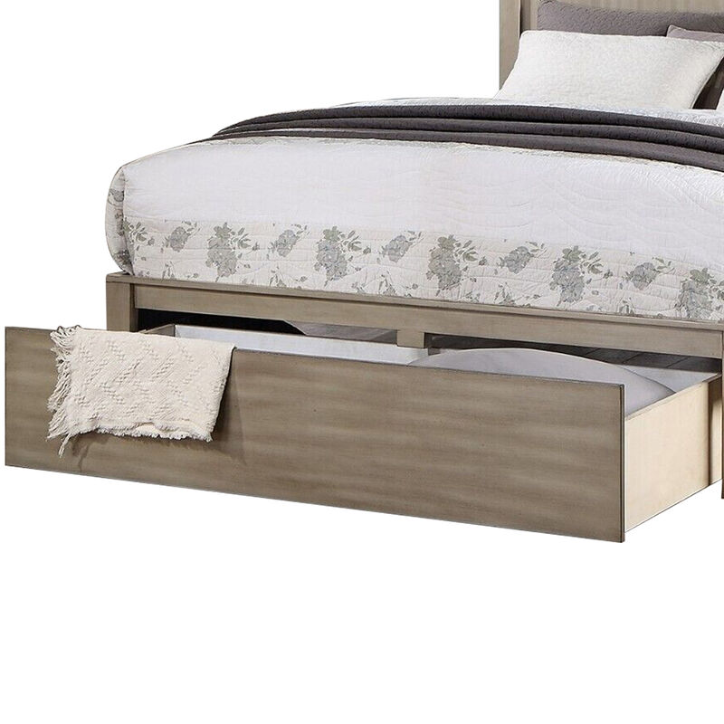 Kali Platform California King Bed, Panel Design, Storage Drawer, Light Tan - Benzara