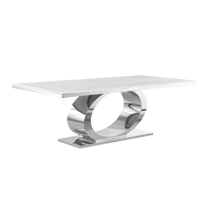 Best Quality Furniture Large 87 Rectangular marble top dining table with a silver color base
