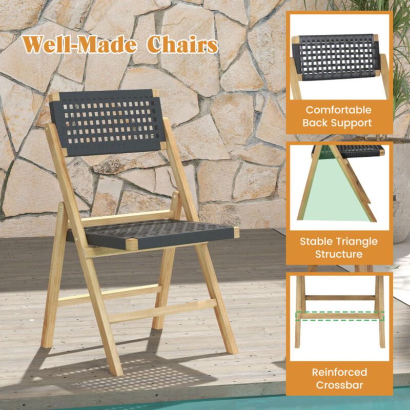 Hivvago Set of 2 Folding Chairs Teak Wood Dining Chairs with Woven Rope Seat and Back