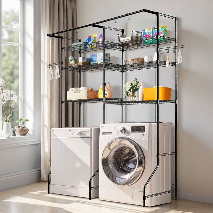 Laundry Room Storage Rack Over Washer Dryer with Hanging Rod and Hooks