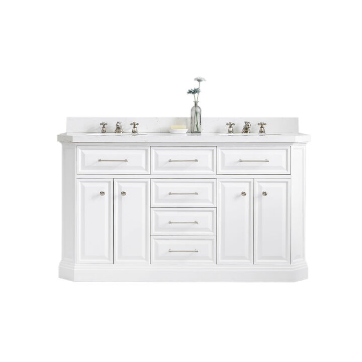 Palace 60 In. Double Sink Carrara Quartz Countertop Bath Vanity in Pure White with Polished Nickel (PVD) Hardware