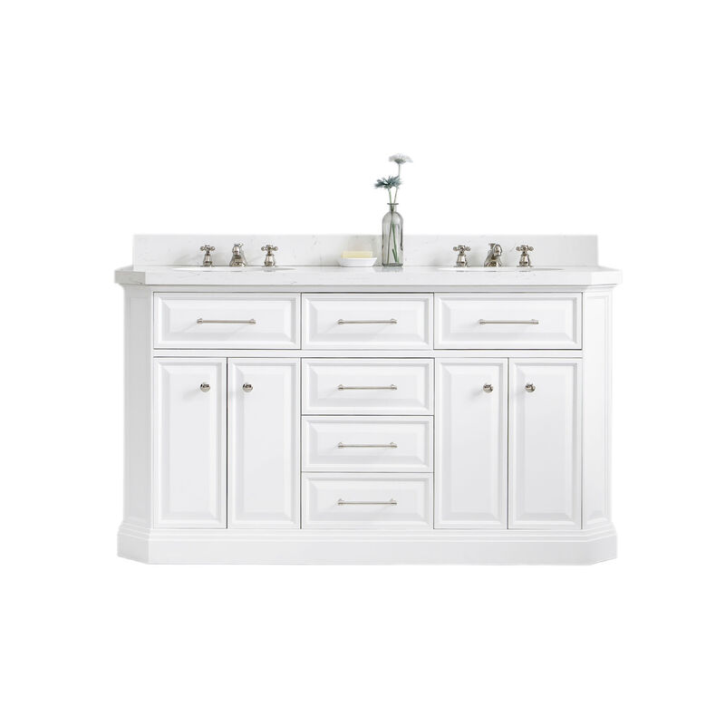 Palace 60 In. Double Sink Carrara Quartz Countertop Bath Vanity in Pure White with Polished Nickel (PVD) Hardware