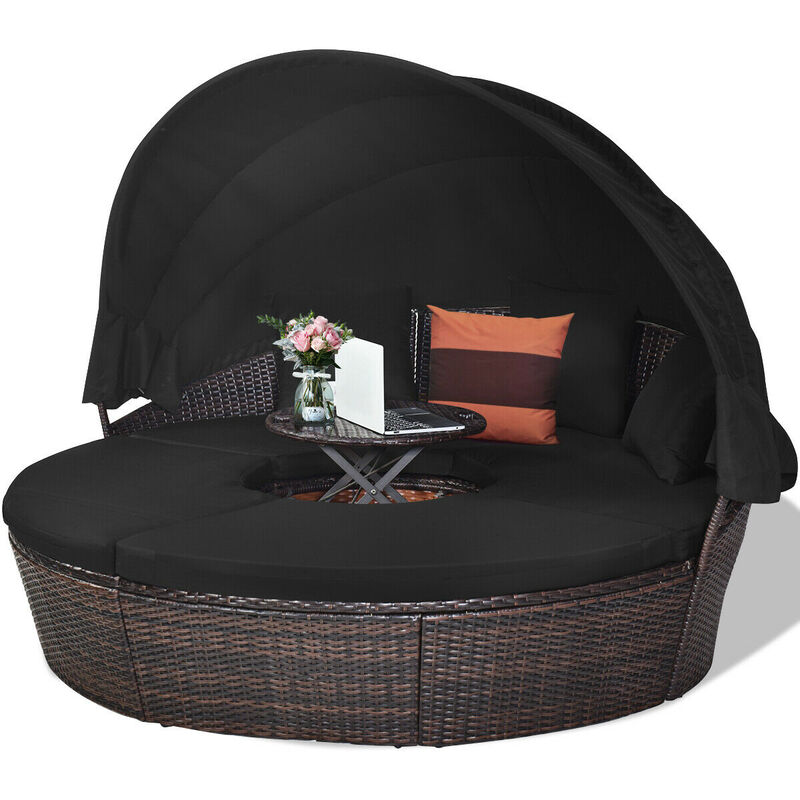 Patio Round Rattan Daybed with Retractable Canopy and Height Adjustable Coffee Table image number 3