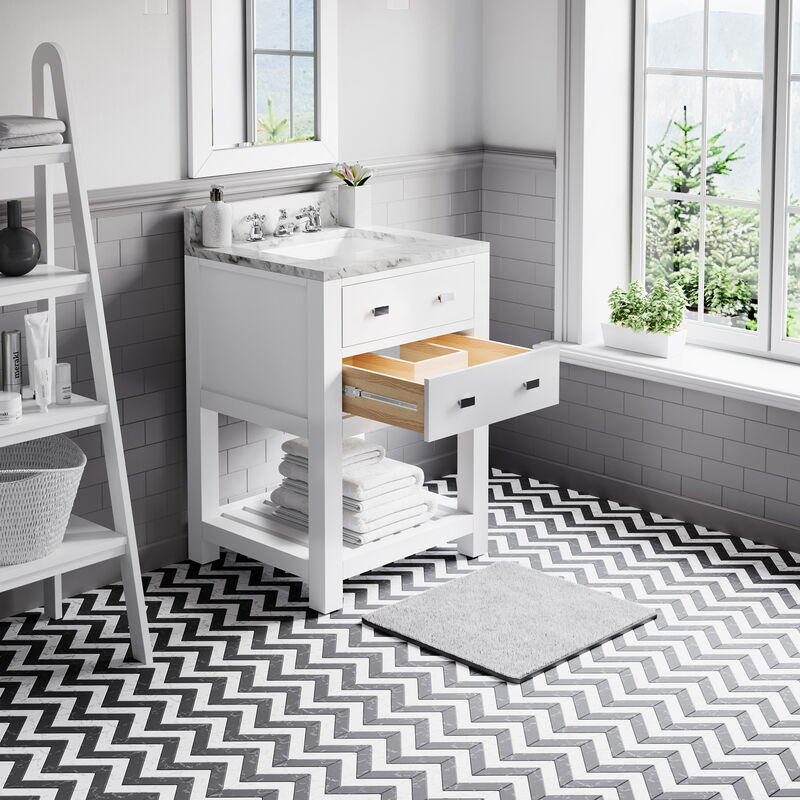 Madalyn 24 In. Single Sink Carrara White Marble Countertop Bath Vanity in Pure White