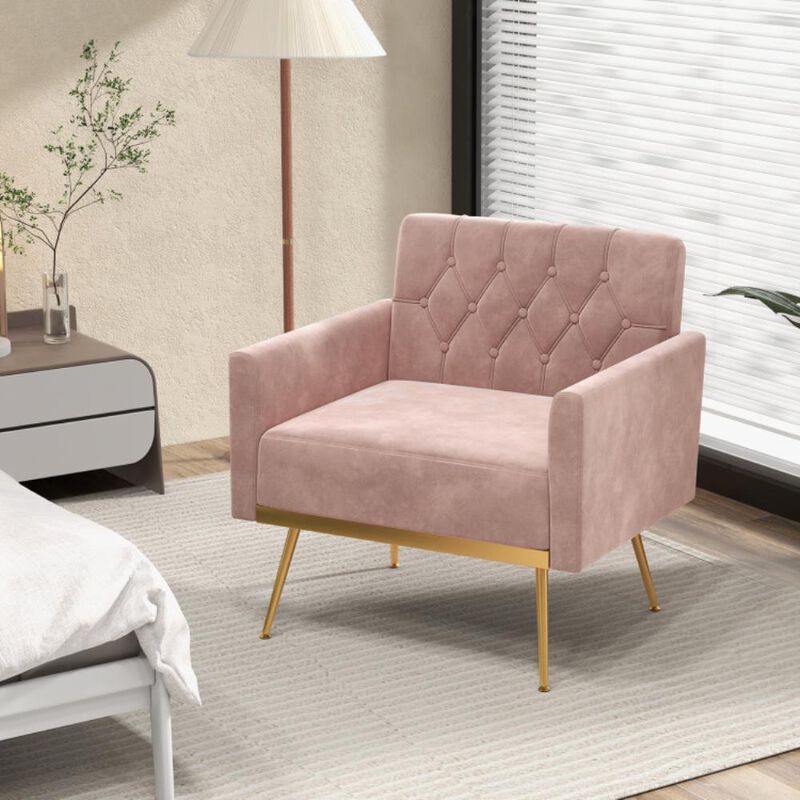 Modern Velvet Accent Chair with Button Tufted Back Golden Metal Legs and Adjustable Foot Pads image number 4
