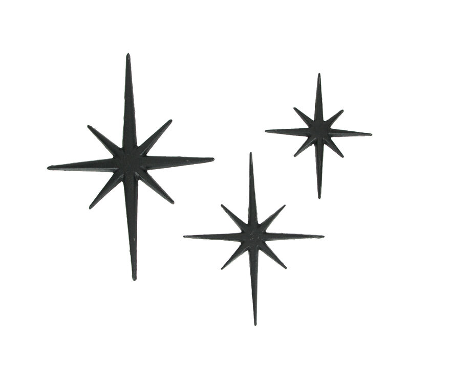 Set of 3 Black Cast Iron Starburst Wall Hangings Mid Century 8 Pointed Stars