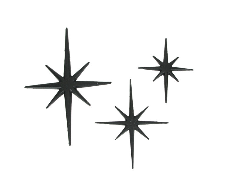 Set of 3 Black Cast Iron Starburst Wall Hangings Mid Century 8 Pointed Stars image number 0