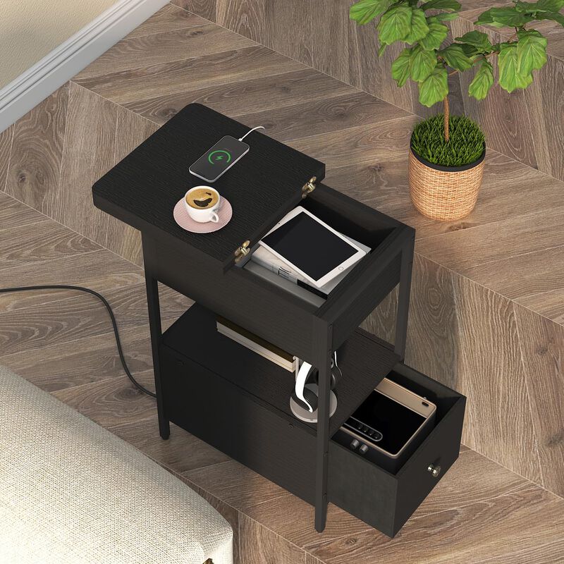 SOOWERY End Table with Charging Station, Narrow Side Table with Flip Top Cabinet and Fabric Drawer, Nightstand Bedside Tables fo