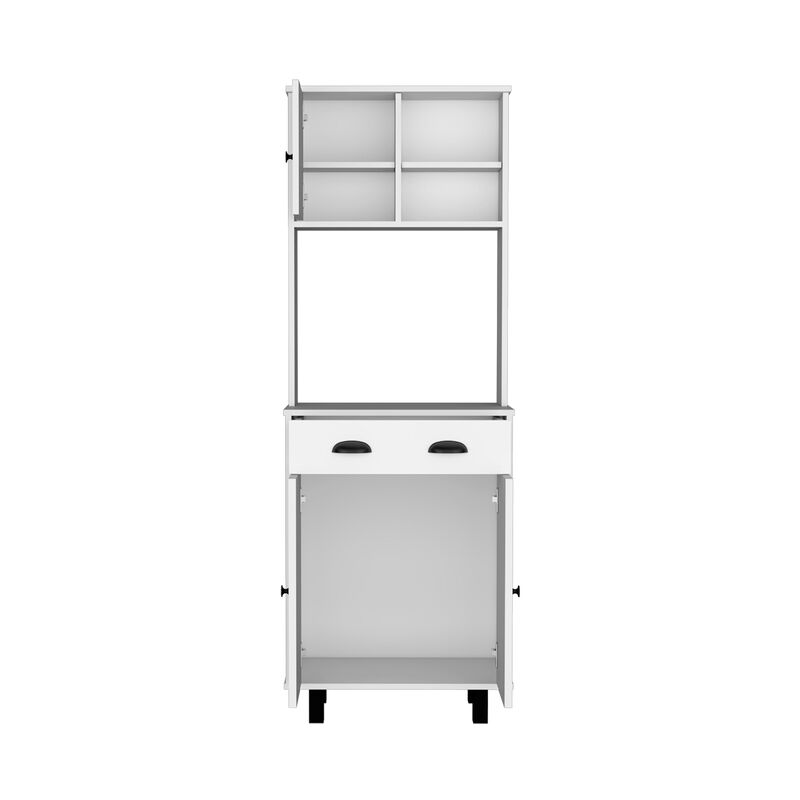 Kitchen Pantry 67" H, Two Cabinets, Three Doors, Two Open Shelves, One Drawer, Microwave Storage Option, White