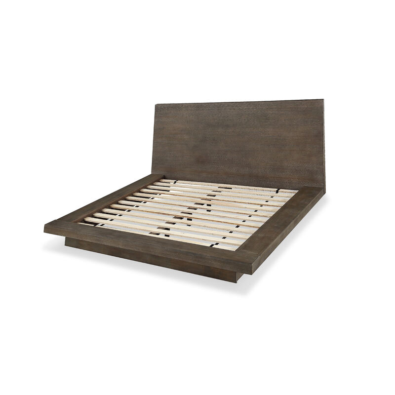 Nels Pine Wood Platform Queen Bed, Plinth Base, Distressed Brown - Benzara