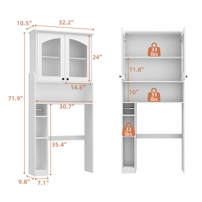 FUFU&GAGA White Over-the-Toilet Storage Cabinet with Adjustable Shelf & Retractable Tissue Holder, Modern Design, Spacious Storage (71.9" H x 32.2" W x 10.5" D), White image number 9