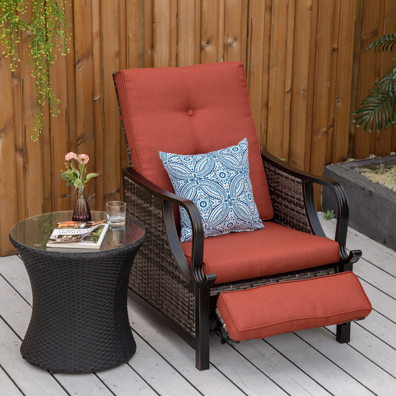 Outsunny Outdoor Recliner Chair with Cushion, Rust-Resistant Aluminum Frames PE Wicker Patio Lounge Chaise Chair with Adjustable Reclining Backrest and Footrest, Pillow, Red